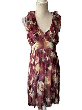 Chequer dress silk ruffle neckline sleeveless floral colorful. Womens size 10